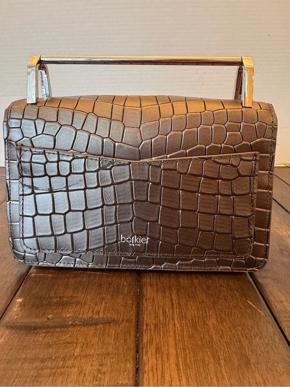 VTG BOTKIER LENOX GUNMETAL CROC LEATHER CHAIN CROSS BODY TOP HANDLE BAG PURSE